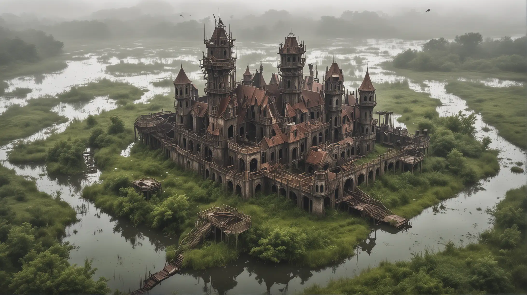 ruins of a steampunk castle on the verge of wetlands, cloudy, fog, rain, bird's eye view