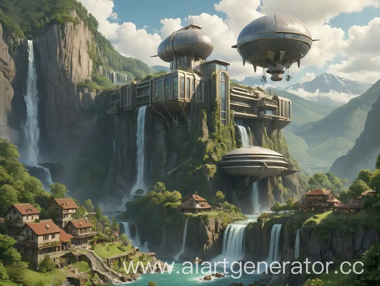 Futuristic-Scientific-Research-Laboratory-Tower-Amid-Mountainous-Landscape-with-Waterfall-and-Airship