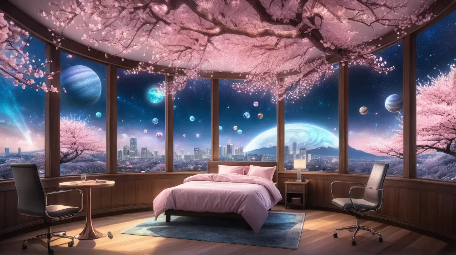Skyline Room with Cherry Blossoms and Glowing Mushrooms