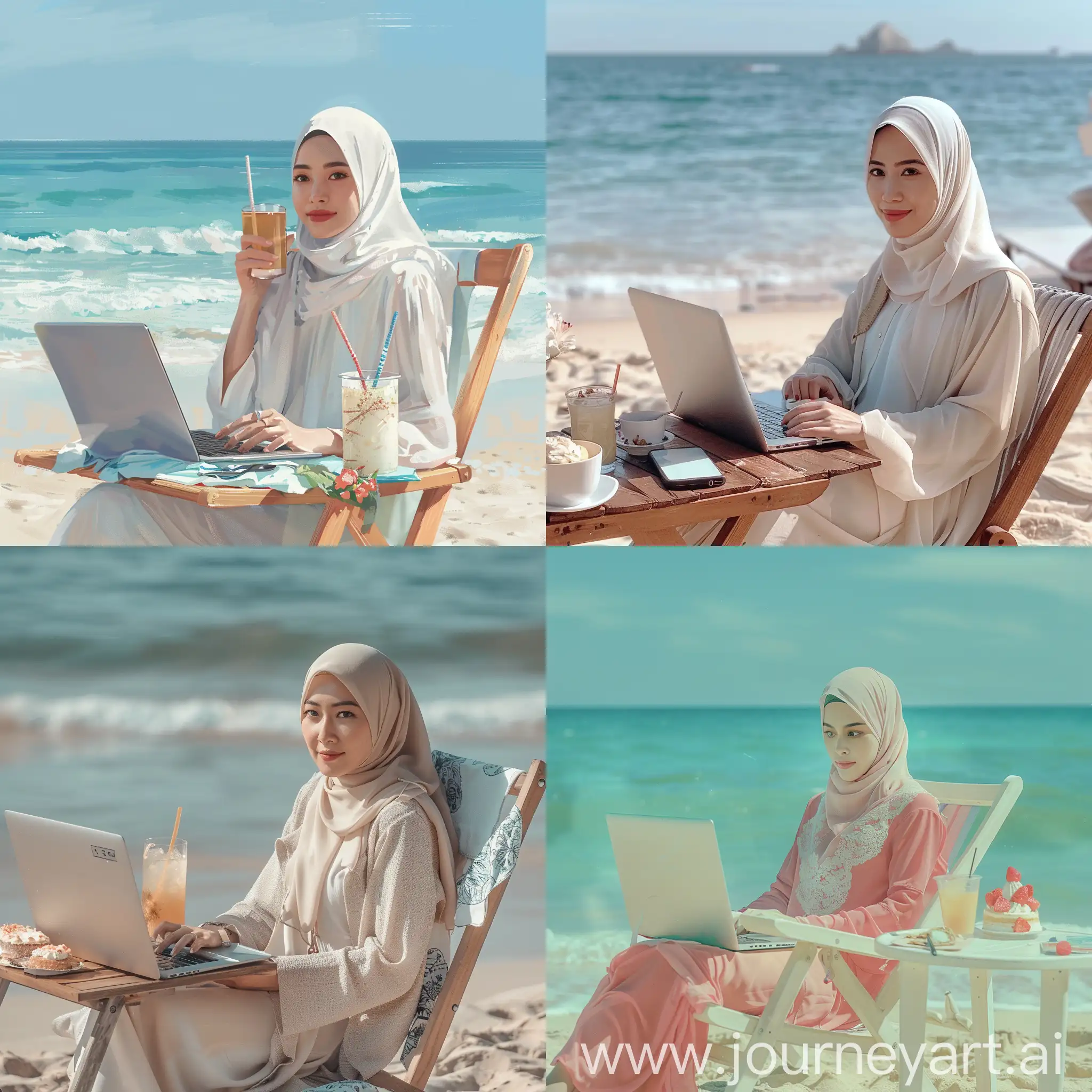 Young-Korean-Hijab-Woman-Relaxing-on-Beach-with-Laptop-and-Refreshments