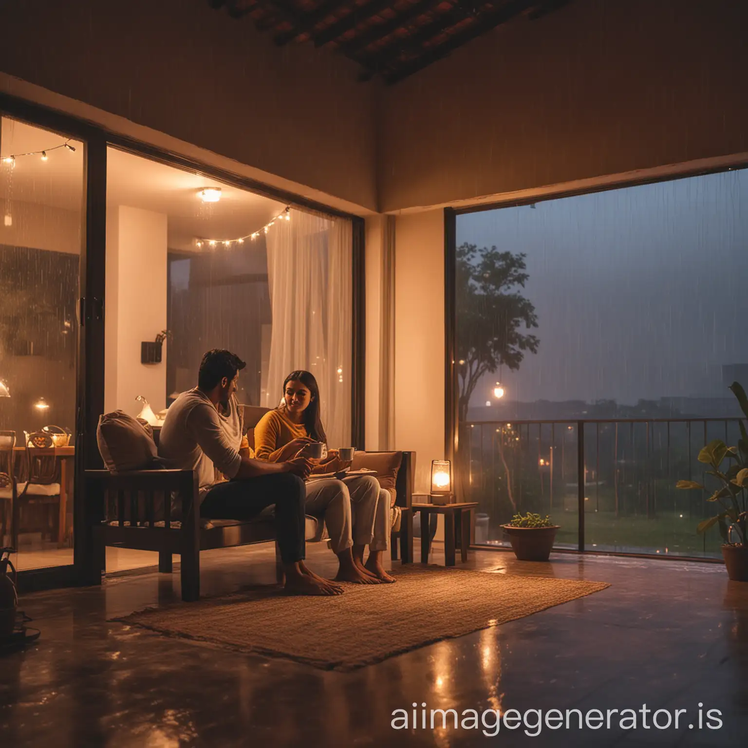 indian guy sitting in his leaving room with his wife of his villa with hot tea. seeing out side rainning in dark cloudy weather. room is with warm lights with romantic vibe