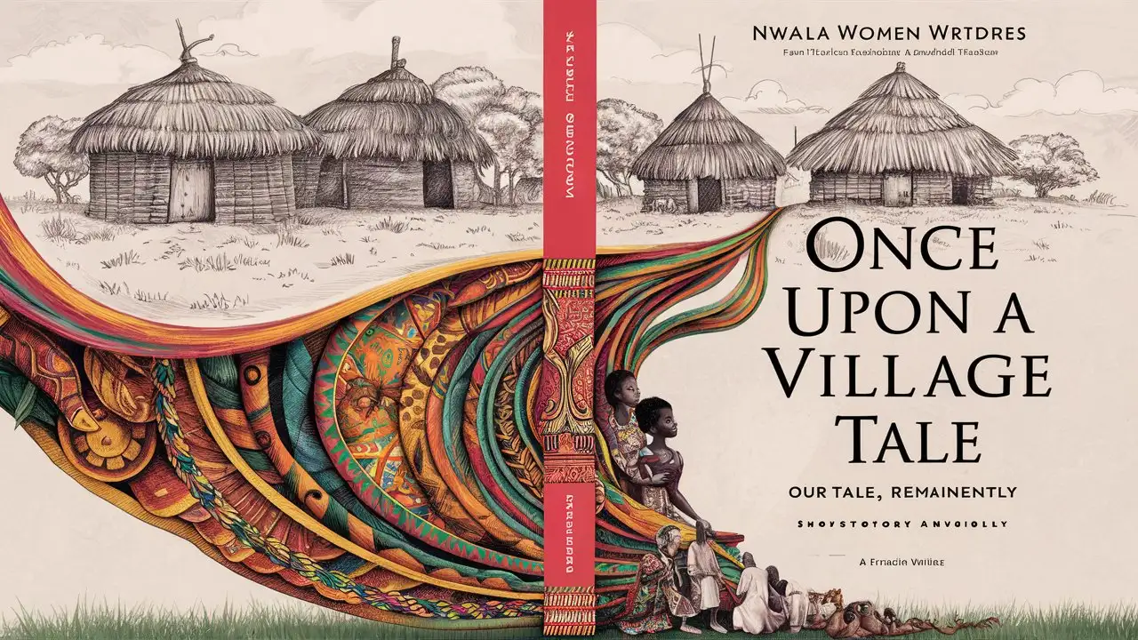 book cover, African mythology and folklore, showcasing pencil drawing of african village with huts infused with mythology at the bottom of the cover, traditional patterns, and african women symbolic elements Flowing out of the bottom rising to the top in full colour. Title 'Once Upon A Village Tale' Author "Nwala Women Writers" subtitle "Our Tales, Reimagined" notes on cover 'Short Story Anthology'