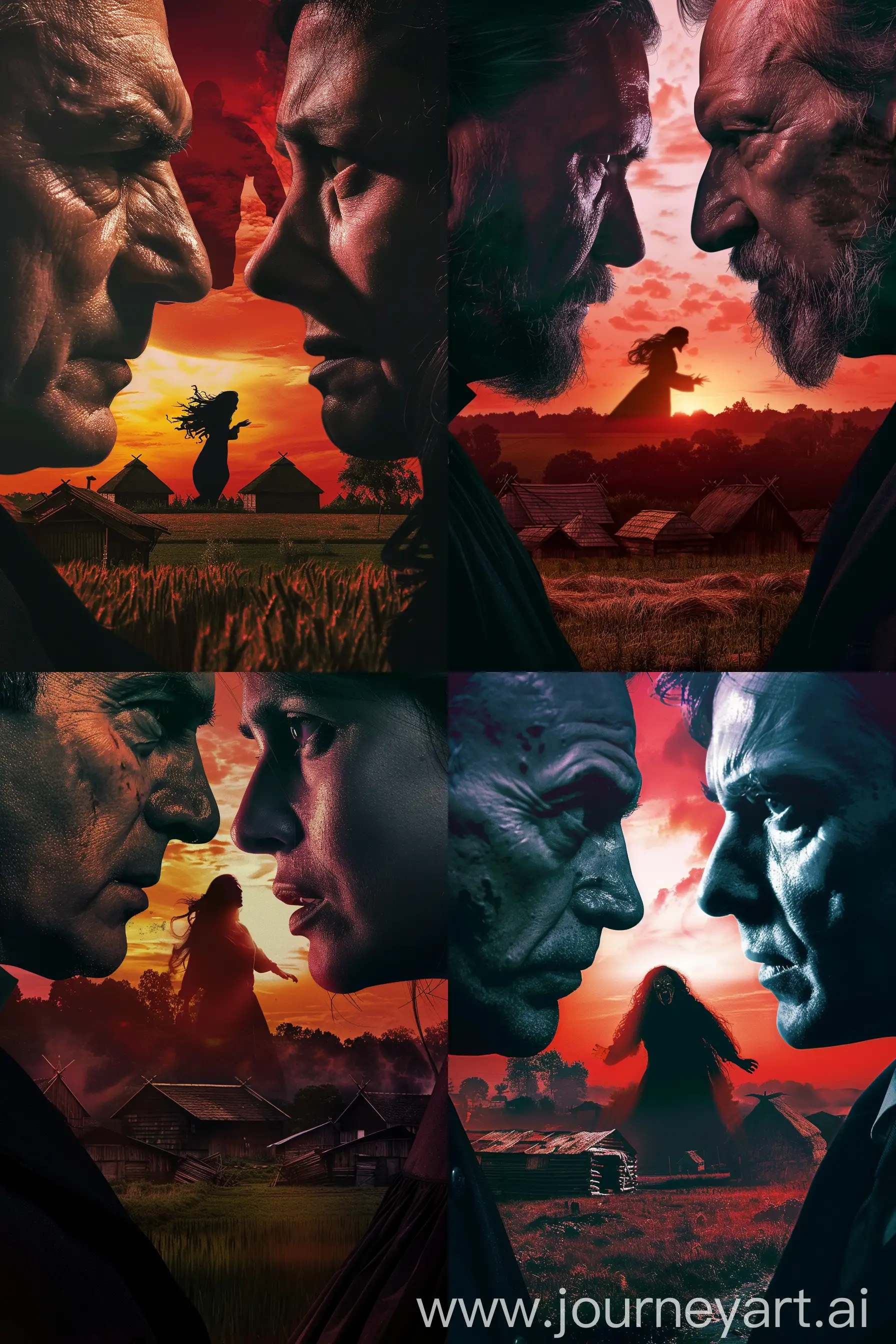 A dramatic cinematic poster: close-up tense faces of a priest and a doctor, between them in the background the silhouette of a shrieking woman in convulsions against the backdrop of a rural landscape with huts and fields, the sky is crimson from the sunset, the lighting is contrasting, like in Tarkovsky's films --ar 2:3