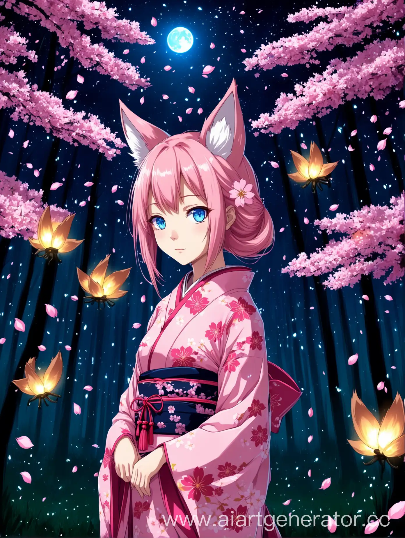Anime-Kitsune-Girl-in-Pink-Kimono-with-Sakura-Petals-in-Magical-Forest