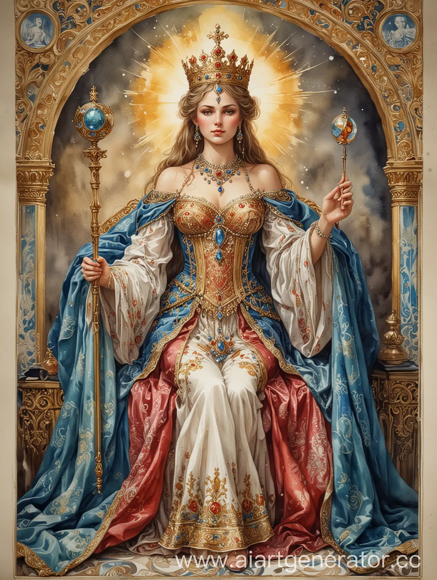 Empress-Tarot-Card-Majestic-Watercolor-Portrait-of-a-Russian-Beauty