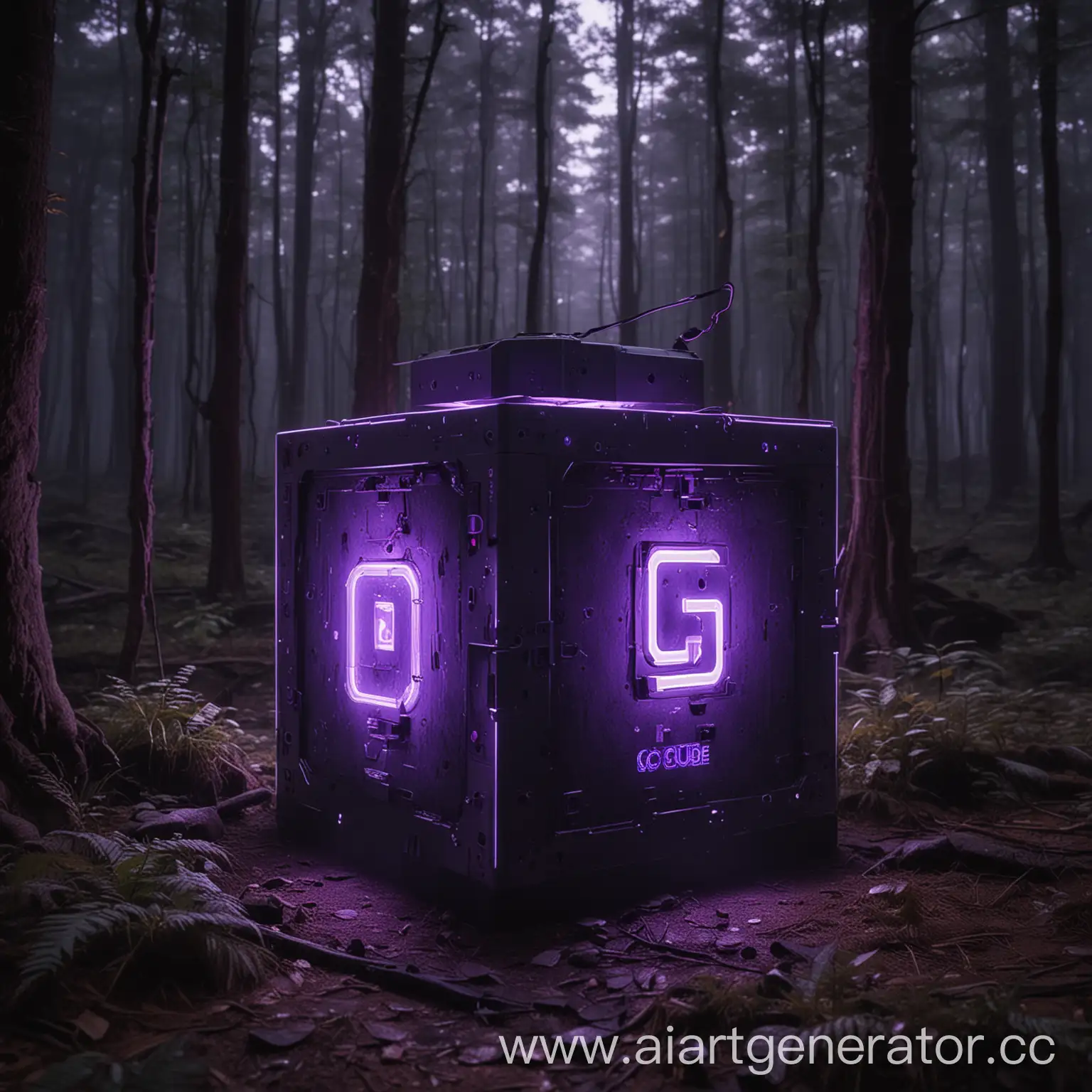 In the forest, the cube glows purple and inside the part of the computer and the cube is labeled CG and on one side there is a joystick and a monitor at the top