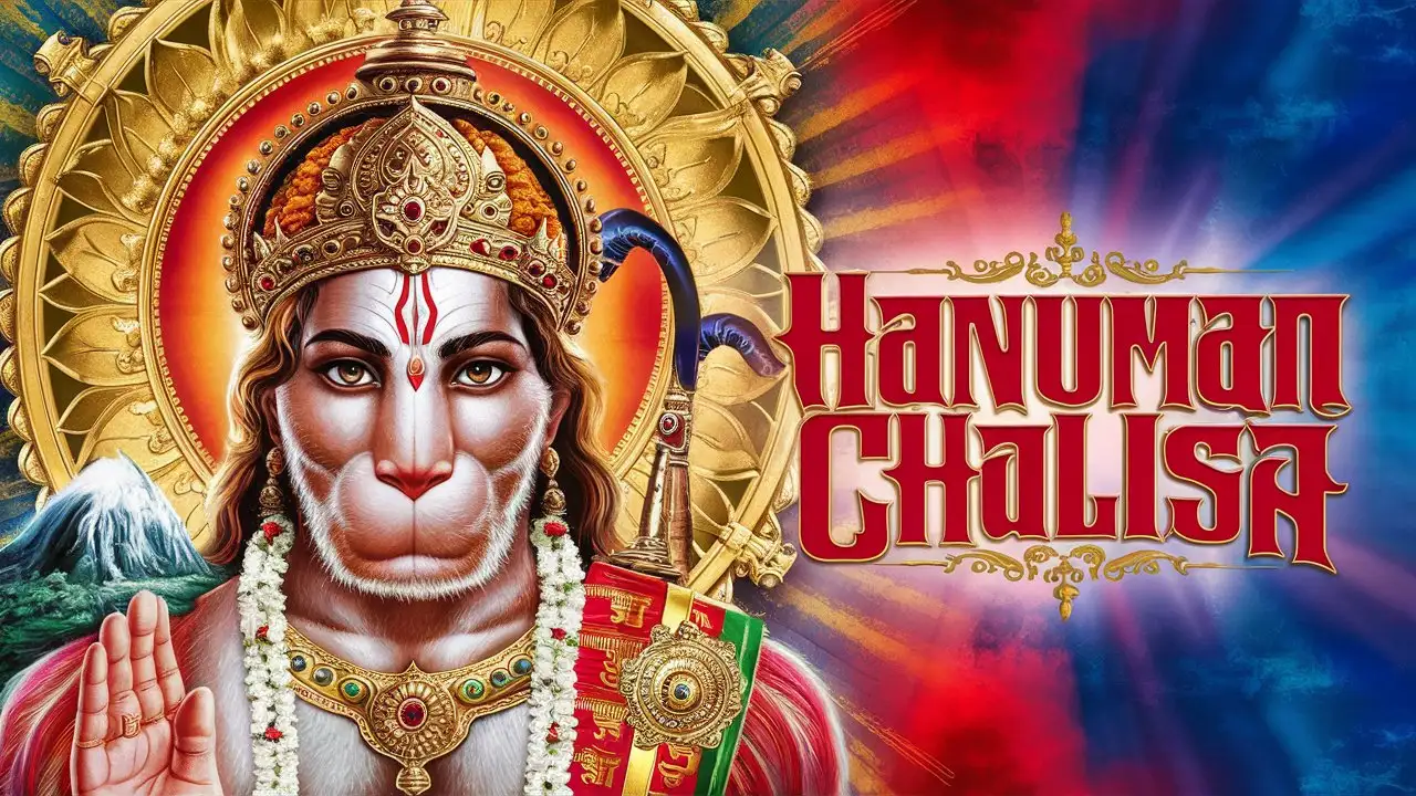 Create a Bollywood movie style poster with a photo of Lord Hanuman and titled "Hanuman Chalisa"