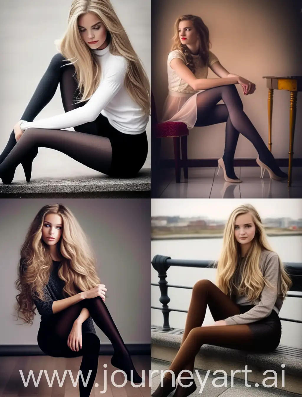American young women, dark bodily pantyhose legs, emphasis on pantyhose legs beautiful, makeup exquisite beautiful, long blondehead delicate women, naturalistic pose, in beautiful beach, very real, facial expression smile, hyperrealistic, standing