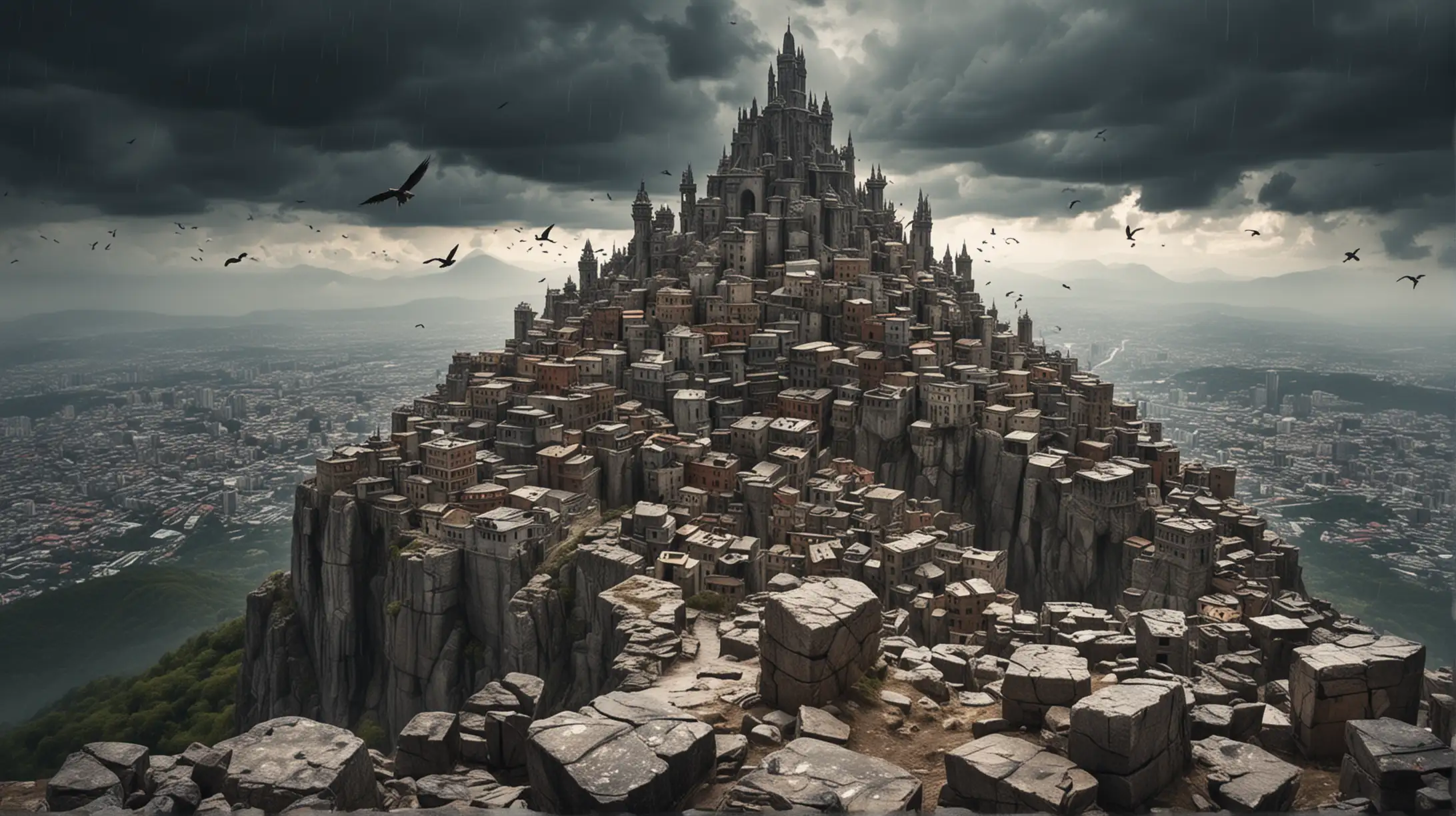 monstrous city made of stone on the top of high mount, wind, rain, cloudy, bird's eye view