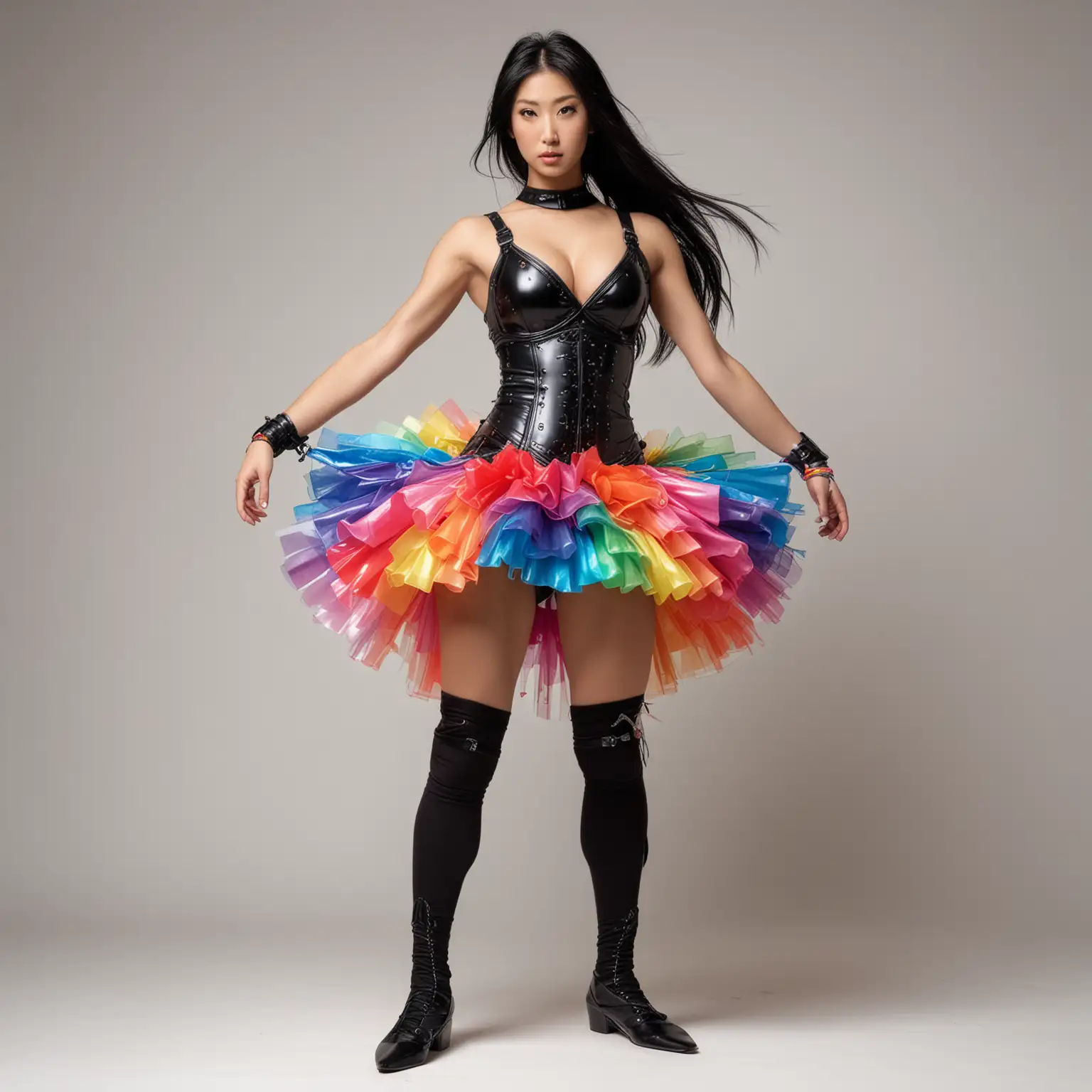 Standing front view, Beautiful toned athletic muscular figure female Japanese supermodel with large breasts, long black hair, in sleeveless black metal samurai-armor made of metal, bare shoulders, midriff exposed, shoulders exposed, sleeveless, giant puffy rainbow ballerina tutu, chromatic rainbow thigh-high socks, white background