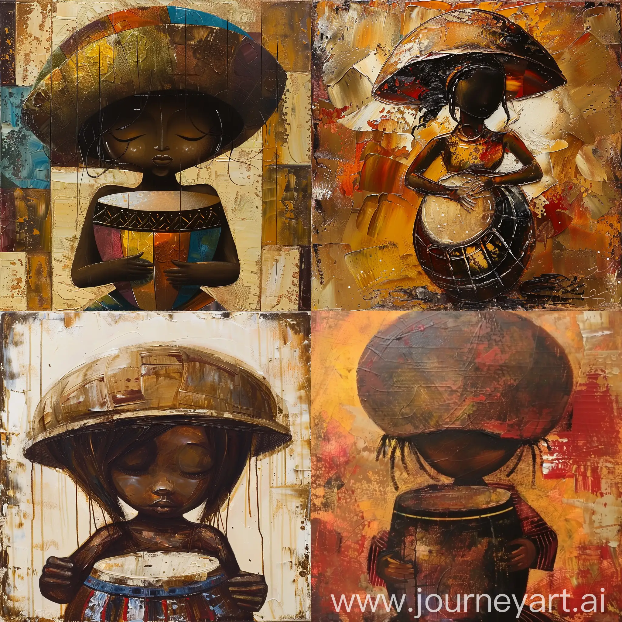 A painting of an  african girl , with a rounded hat , is playing a conga, her face isnt obvious .