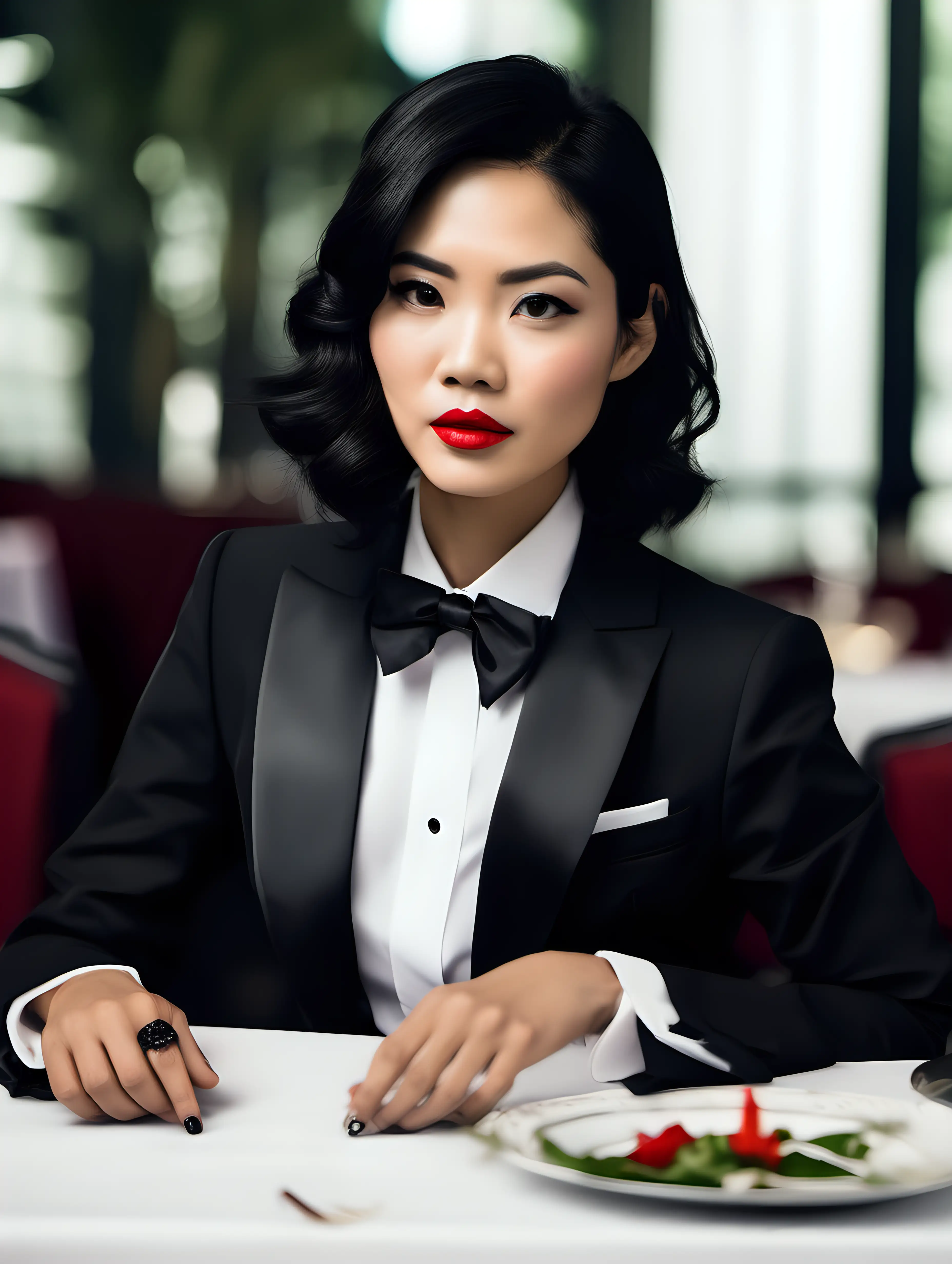 30 year old gorgeous and and stern vietnamese woman with black shoulder length hair and red lipstick wearing a formal tuxedo with a black bow tie and big black cufflinks. Her jacket has a corsage. She is sitting at a dinner table.