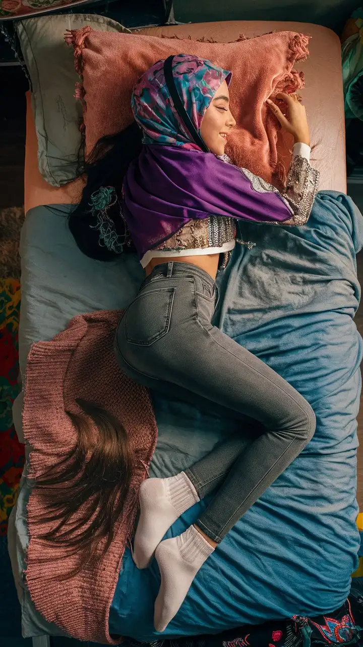 Teenage Girl Resting on Bed in Hijab and Skinny Jeans
