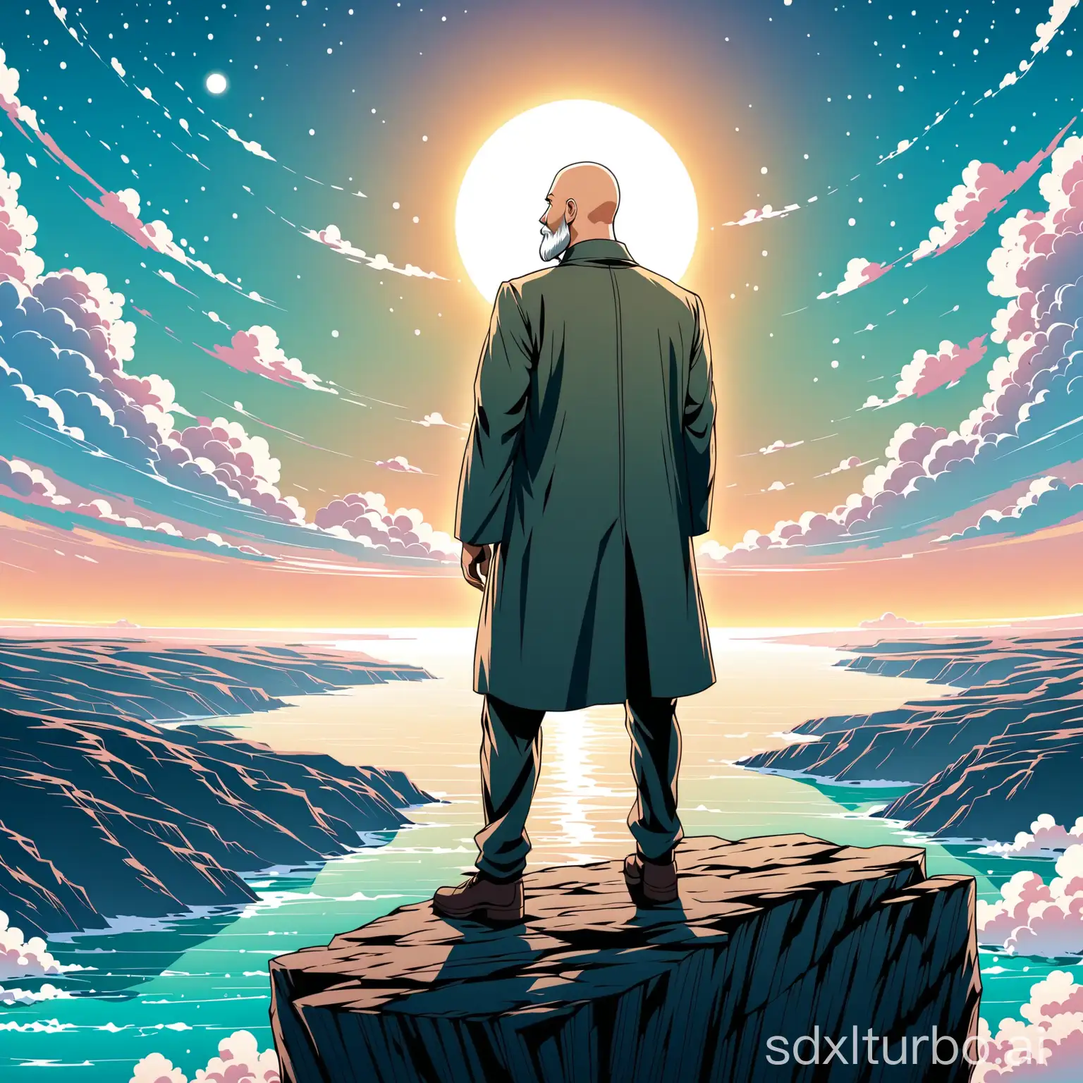 generate a picture of a man with a grey beard and bald. standing on a cliff looking into the sky
