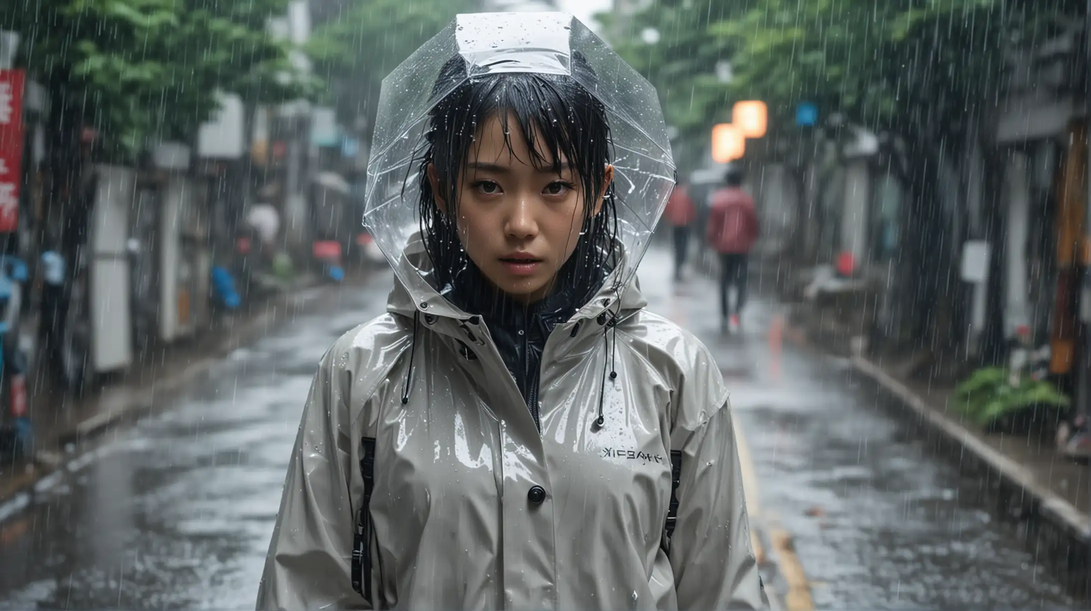 Japanese Girl with Cyber Implant Walking in Rain