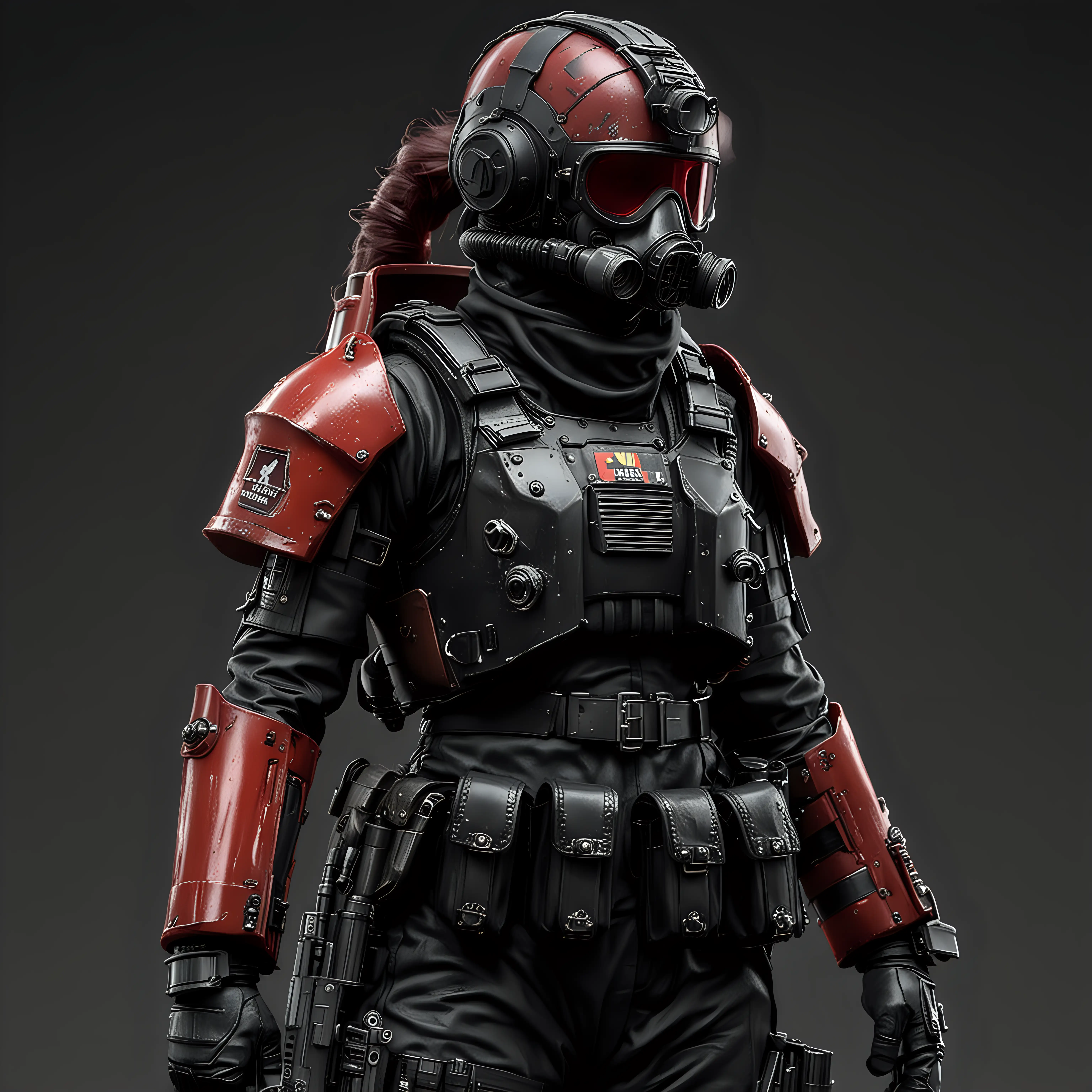 Female warhammer 40k imperial guard soldier in a closed environment suit with an smg and air tank backpack. Black uniform, tight uniform. Full-head helmet and gas mask. Dark red glass visor covers the eyes.