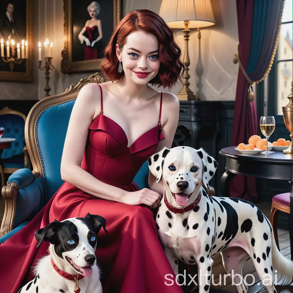 cruella emma stone in gorgeous dior red dress, smiling, hair is black and white, blue eyes, sits by the old wood table in the old castle, purple chair, bank card in hand, next to her is a 2 Dalmatians