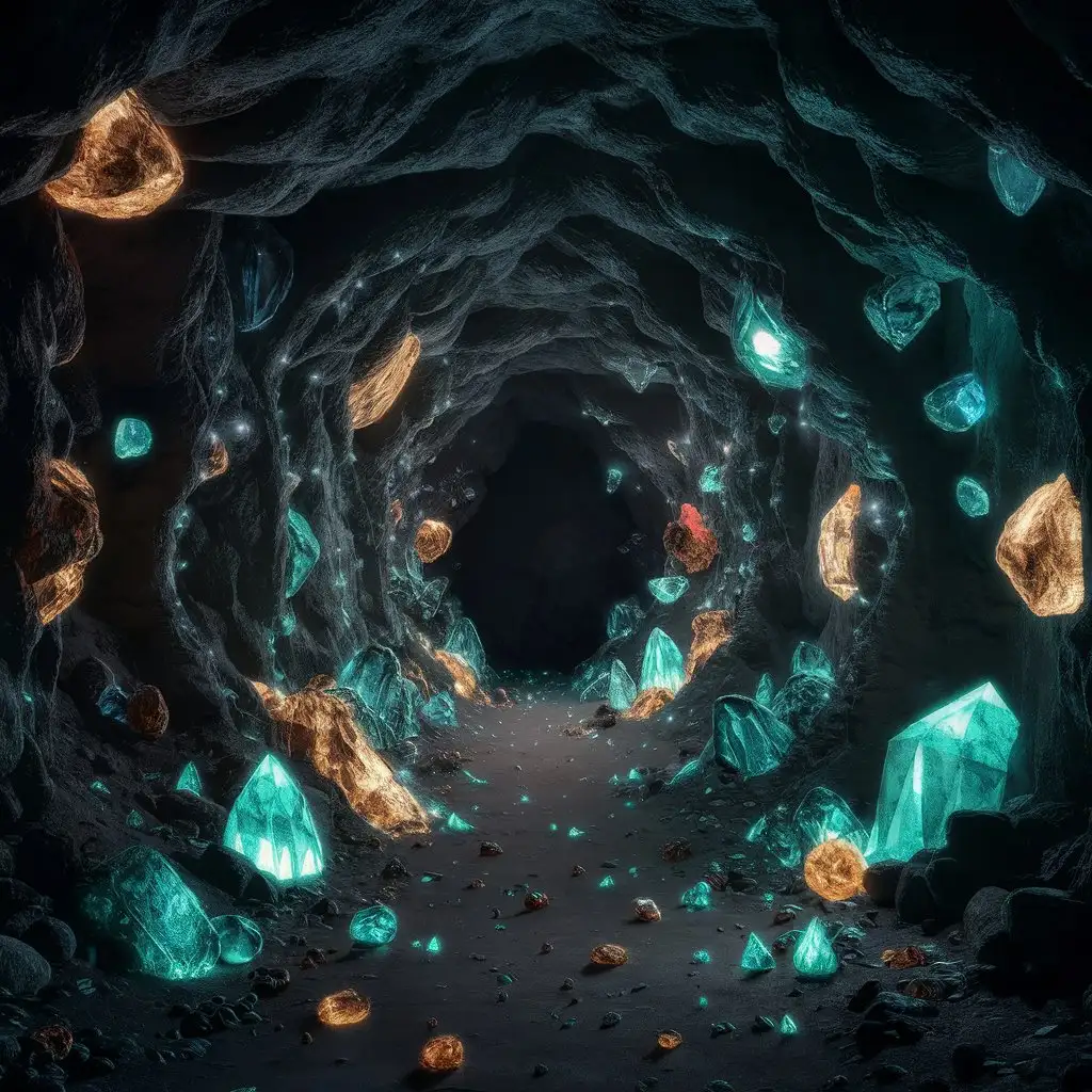 A dark mine with glowing gems, crystals and emeralds in each colors ultrarealistic and high definition. The only light in the mine comes from the gems.