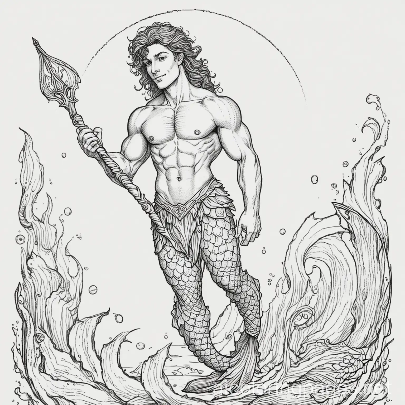 Merman white background , Coloring Page, black and white, line art, white background, Simplicity, Ample White Space. The background of the coloring page is plain white to make it easy for young children to color within the lines. The outlines of all the subjects are easy to distinguish, making it simple for kids to color without too much difficulty