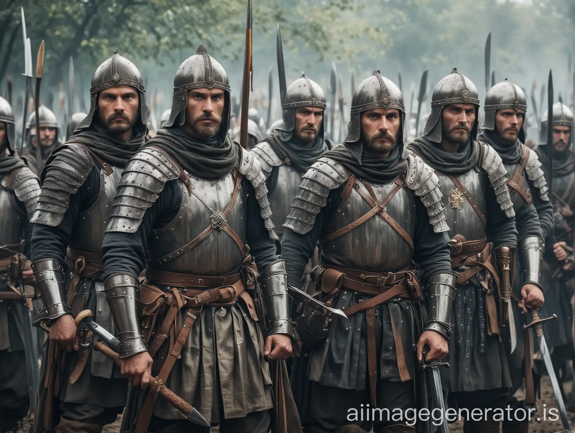 medieval soldiers from eastern europe in full gear with swords and spears