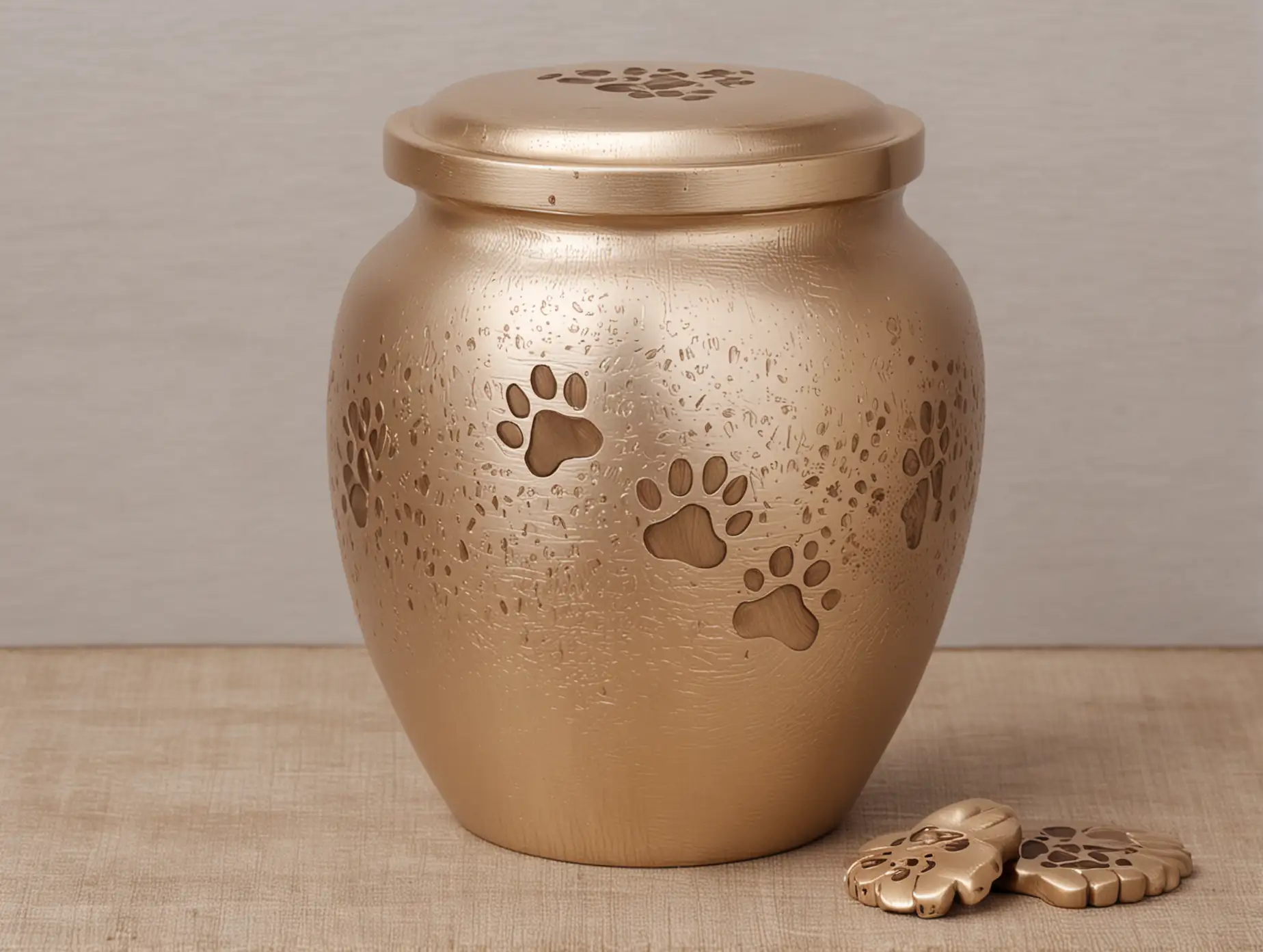 bright urn for ashes with imprints of animal paws