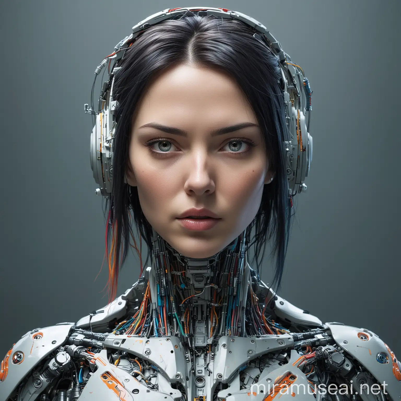 Futuristic Cyborg Woman Portrait in Vibrant Cyberpunk Style