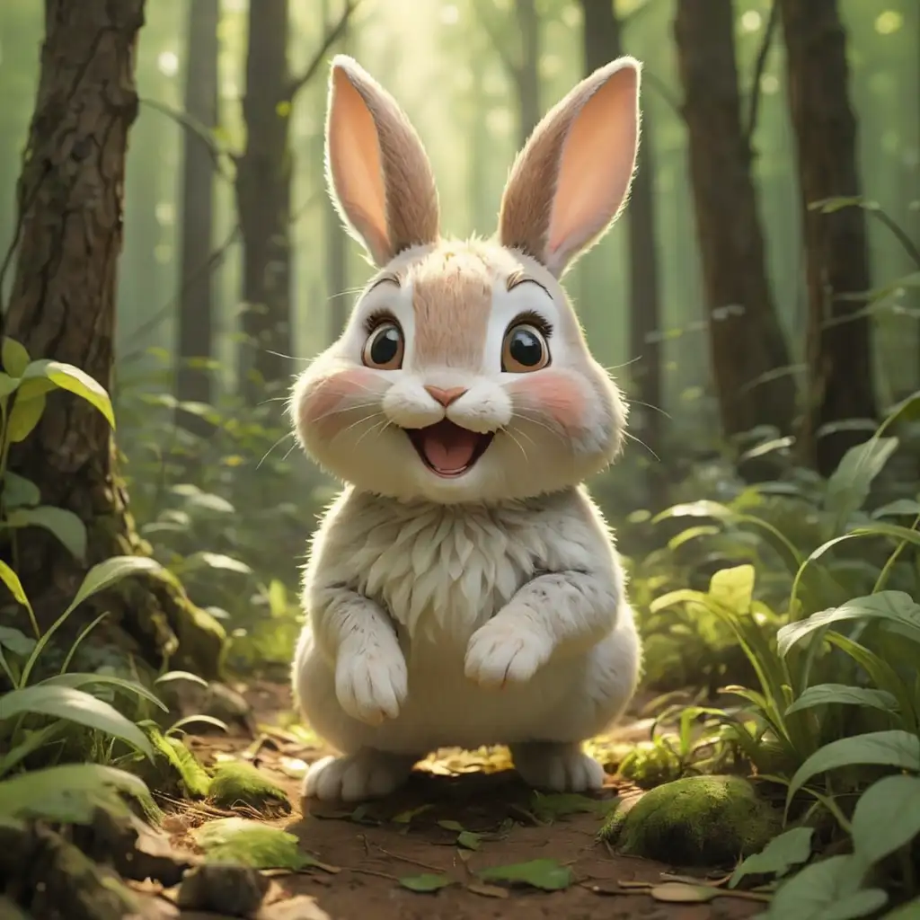 森林里有一只可爱的小兔子，名字叫做咪咪。每天清晨，咪咪兔都会在阳光明媚的森林中和小伙伴们一起玩耍，跳来跳去，笑声传遍整个森林。咪咪兔觉得这个世界充满了快乐和美好。