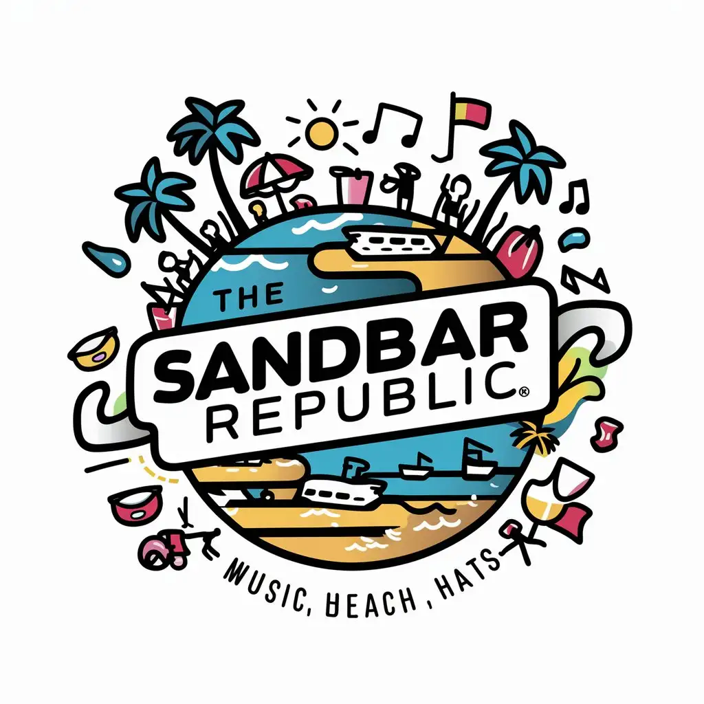 a logo design,with the text "The Sandbar Republic", main symbol:Modern, Whimsical, Fun for Logo, Tee Shirts and Caps craft modern, beach-themed designs for tee shirts, hats, and a logo. Design Style: The preferred design style is modern. Design Items: The main deliverables will be for tee shirts, stickers, hats and flags, with the addition of a logo. Theme: The designs are to revolve around a fun beach atmosphere, incorporating elements such as boats on sandbars lined up next to each other, people floating in water near the boats, people on the beach, sand, sun, water, music, palm trees, beer, cocktails, flags, bathing suits, sunglasses all with the theme of 'The Sandbar Republic,',Moderate,be used in tee shirts, stickers, hats and flags industry,clear background