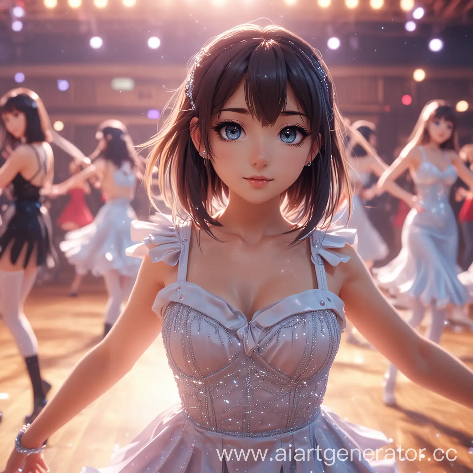 Девушка, на танцполе среди танцующих, стиль аниме, 8k, фокус на глаза