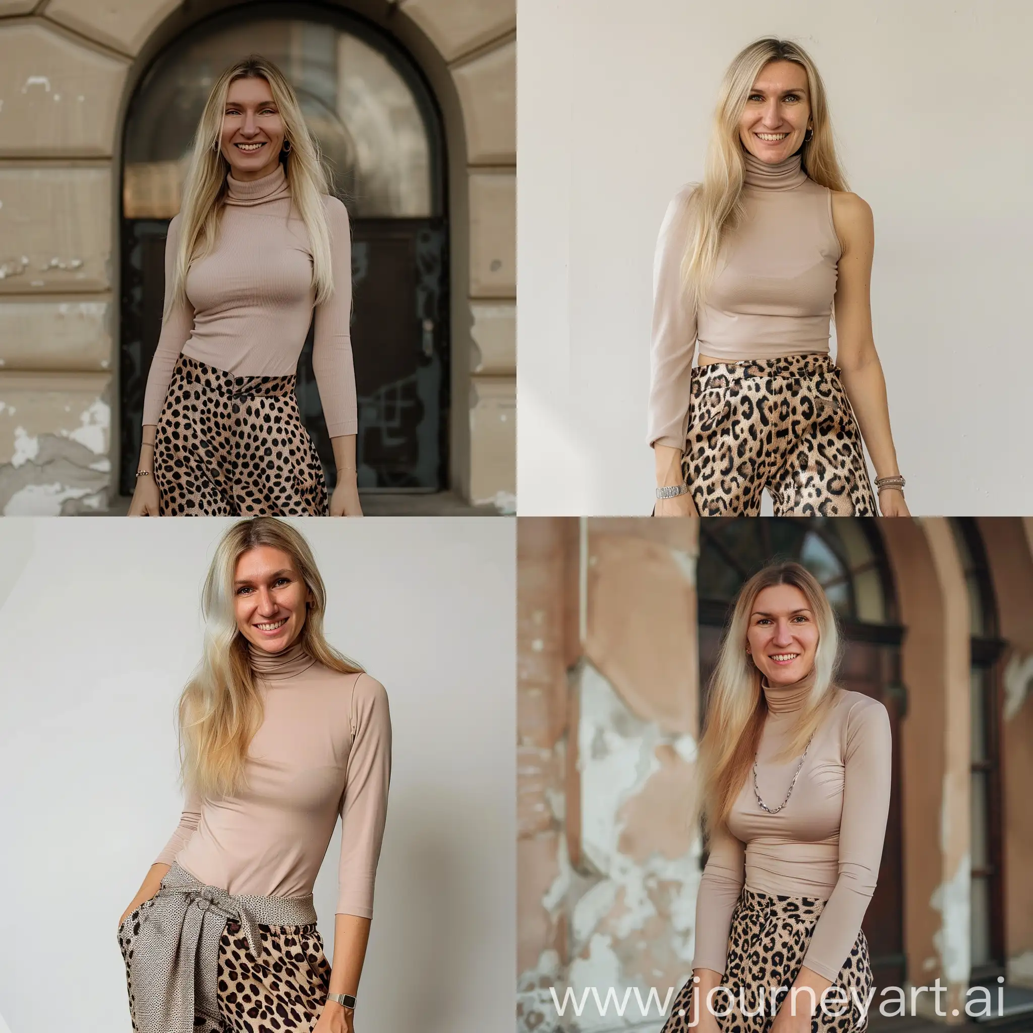 Smiling-Tall-Blonde-Woman-in-Beige-Turtleneck-and-Cheetah-Print-Palazzo-Pants