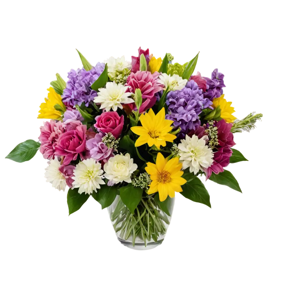 Bouquet of random flowers in a clear glass vase