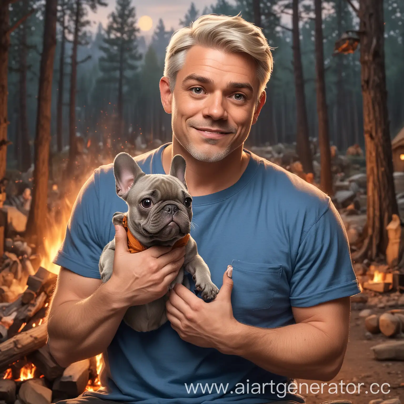 Man-Holding-Gray-French-Bulldog-by-Campfire-in-DisneyStyle-Cartoon