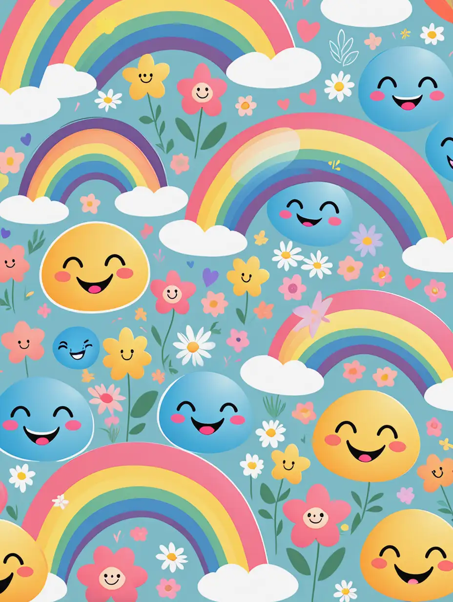 phone wallpaper with cute happy faces, flowers and rainbows