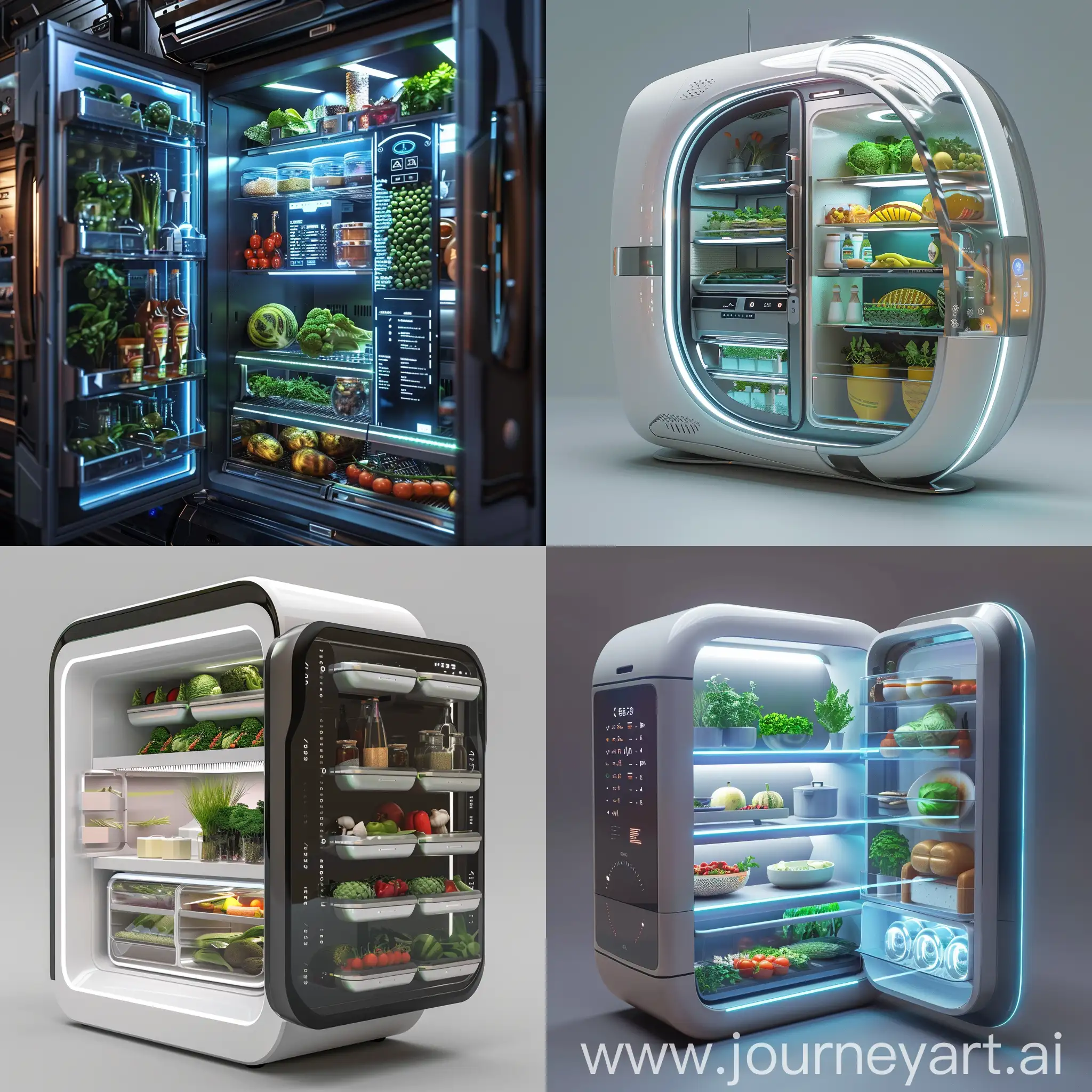Futuristic fridge, Robotic Chef Assistant (AI & Robotics), Self-Inventory and Replenishment (IoT & Blockchain), Personalized Nutrition (Biotechnology & Gene Editing), Virtual Reality Meal Planning (VR), Augmented Reality Food Labeling (AR), Nano-Preservation (Advanced Materials Science), Vertical Farming Integration (Biotechnology & IoT), Waste Composting Unit (Biotechnology), Energy Efficient Design (Advanced Materials Science), Self-Cleaning Surfaces (Advanced Materials Science), Kinetic Display (AI & Advanced Materials Science), Voice Control Interface (AI), Modular Design (Advanced Materials Science), Transparent or Tinted Glass Doors (Advanced Materials Science), Organic LED Lighting (Advanced Materials Science), Recycled or Biodegradable Materials (Sustainability & Advanced Materials Science), 3D Printed Accents (3D Printing), Interactive Recipe Projection (VR & AR), Social Media Integration (IoT), "Living" Fridge Exterior (Biotechnology & Advanced Materials Science), in futuristic style --stylize 1000