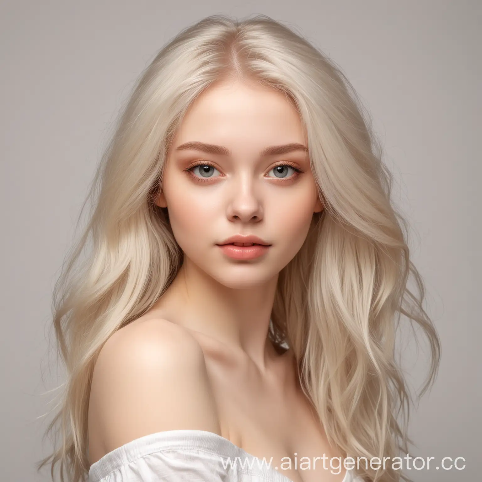 девушка с шикарными развиваюшимися волосами и бледной кожей на бесцветном фоне,  изображена по пояс