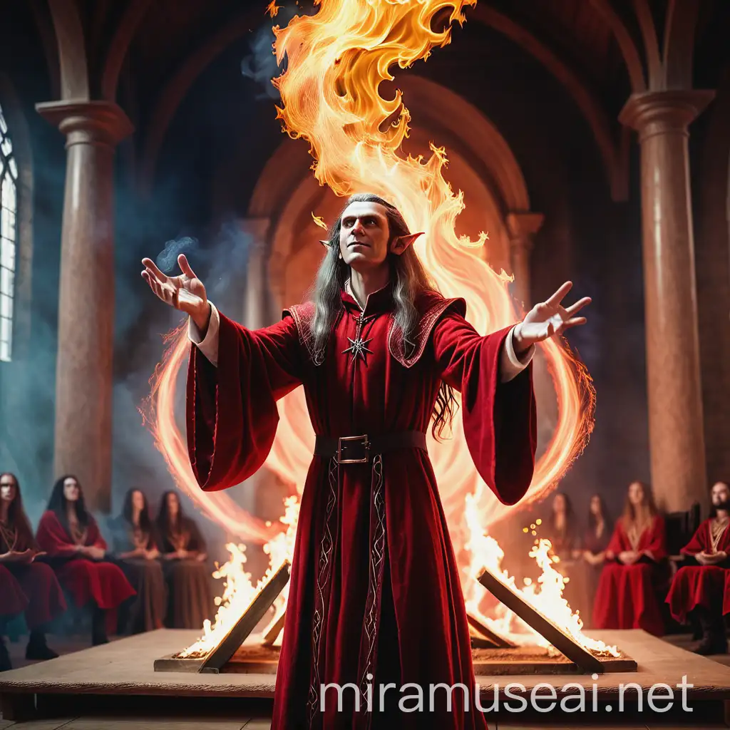 Фентезийный мужчина эльф-проповедник с длинными волосами совершает крупным планом огненную магию над алтарем в красной робе