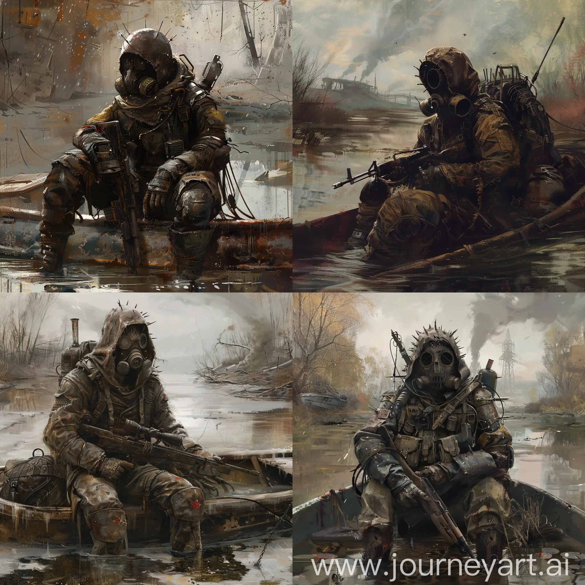 Art for the game Metro 2033, stalker in a slightly torn and worn jumpsuit with a metal bib and other homemade protective equipment all over his body, in a gas mask, on his head he has a helmet with spikes, in his hands he has a sniper rifle, on his back a small backpack, stalker sits in a boat, Dead radioactive Moscow, location radioactive swamp autumn with snow that has not yet completely melted.