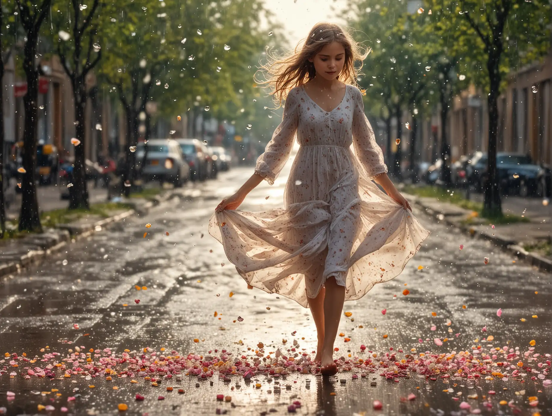 Girl-Walking-Barefoot-in-Drizzling-Rain-with-Windblown-Dress-and-Sunlit-Petals