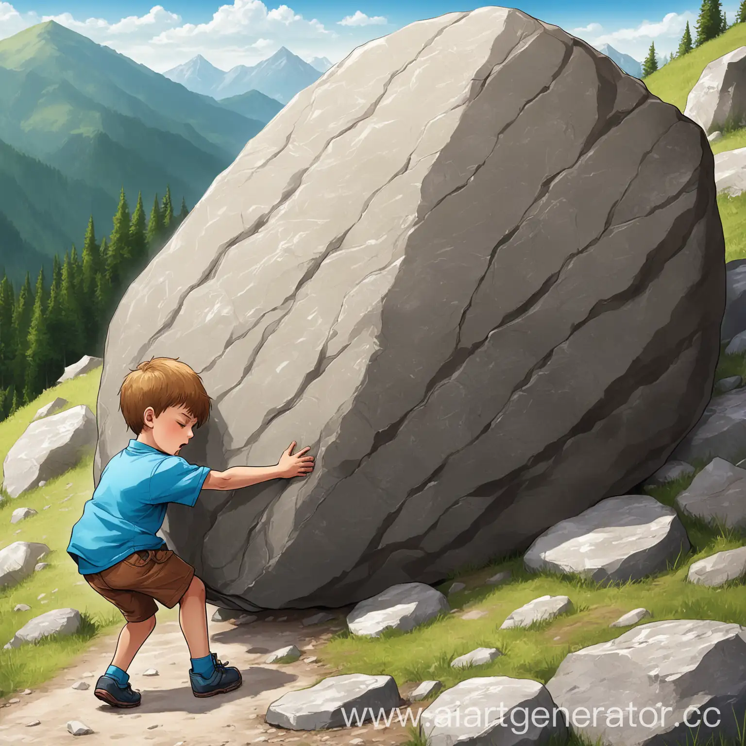 картинка где мальчик тащит в гору большой камень и устает 