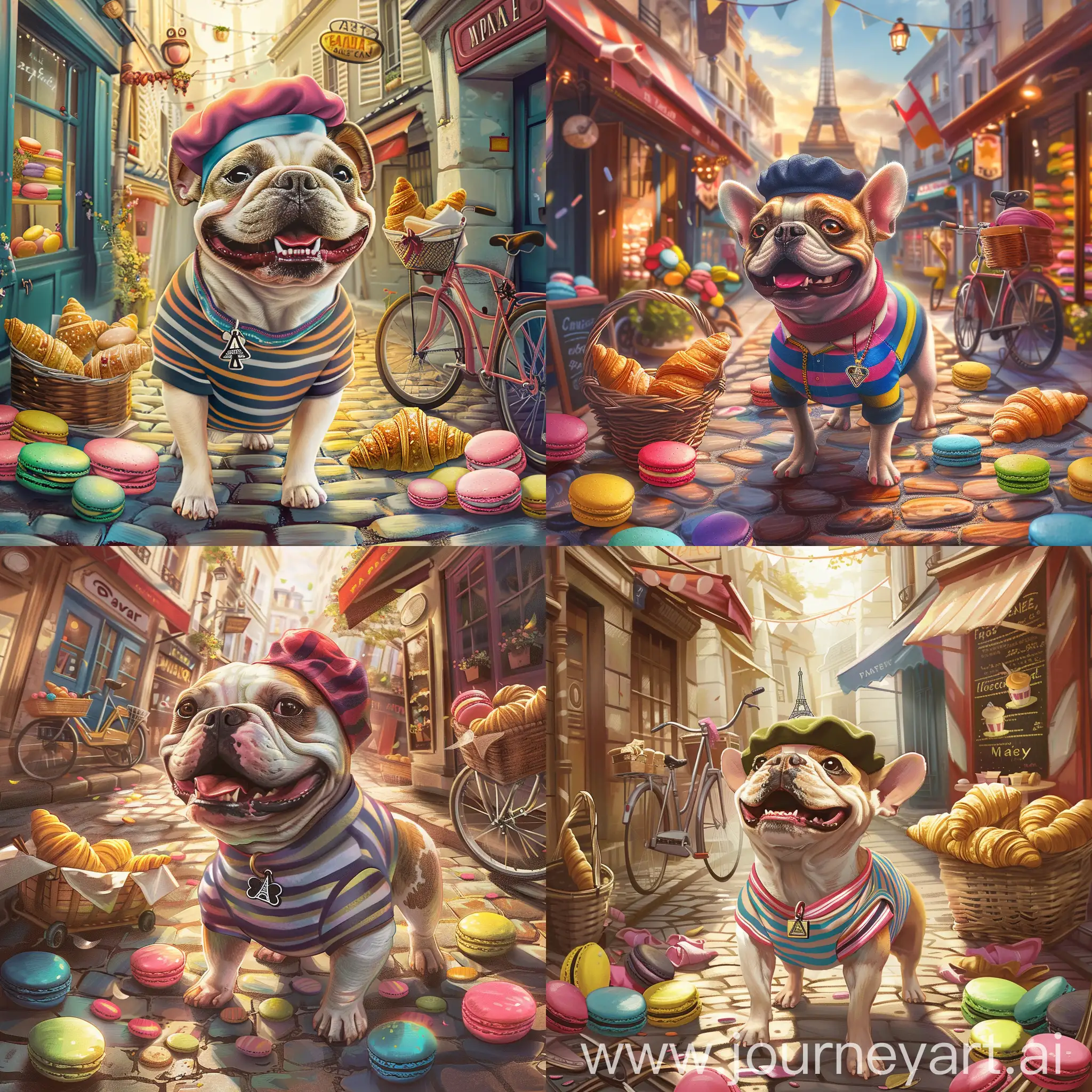 A whimsical, heartwarming digital painting of a French Bulldog wearing a beret and striped shirt, standing in a charming Parisian cobblestone street. Colorful macarons and fresh croissants surround the dog, who has an adorable, mischievous grin. Inspired by the works of Mary Blair and Pascal Campion, the scene captures the essence of French culture with pastel tones and soft lighting. The illustration includes playful details like a tiny Eiffel Tower charm on the dog's collar and a bicycle with a baguette in the basket in the background.