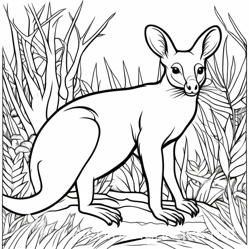 Australian Animals, Coloring Page, black and white, line art, white background, Simplicity, Ample White Space. The background of the coloring page is plain white to make it easy for young children to color within the lines. The outlines of all the subjects are easy to distinguish, making it simple for kids to color without too much difficulty