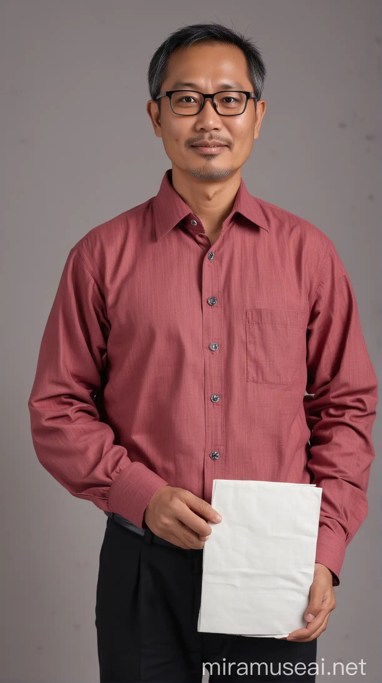 Asian Man Holding Canvas in Red Shirt and Glasses
