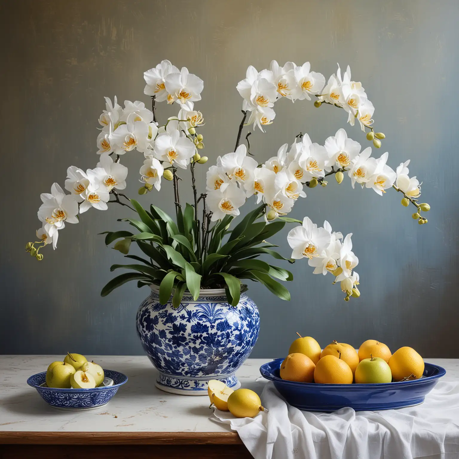 A STILL LIFE PAINTING OF WHITE ORCHIDS IN A BLUE AND WHITE PLANTER, WITH FRUIT ON THE TABLE WITH THE ORCHIDS