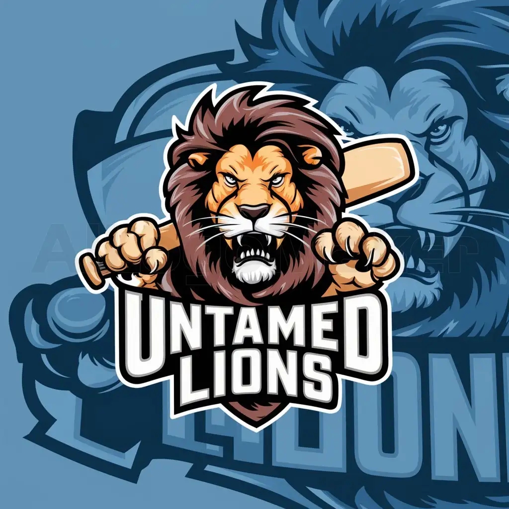 LOGO-Design-For-Untamed-Lions-Powerful-Lion-Holding-Cricket-Bat-on-Clear-Background