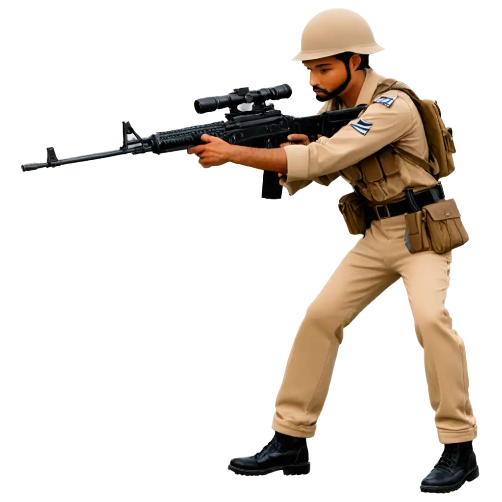
Indian soldier full body of the 1990s aiming a gun stick figure like a toy
