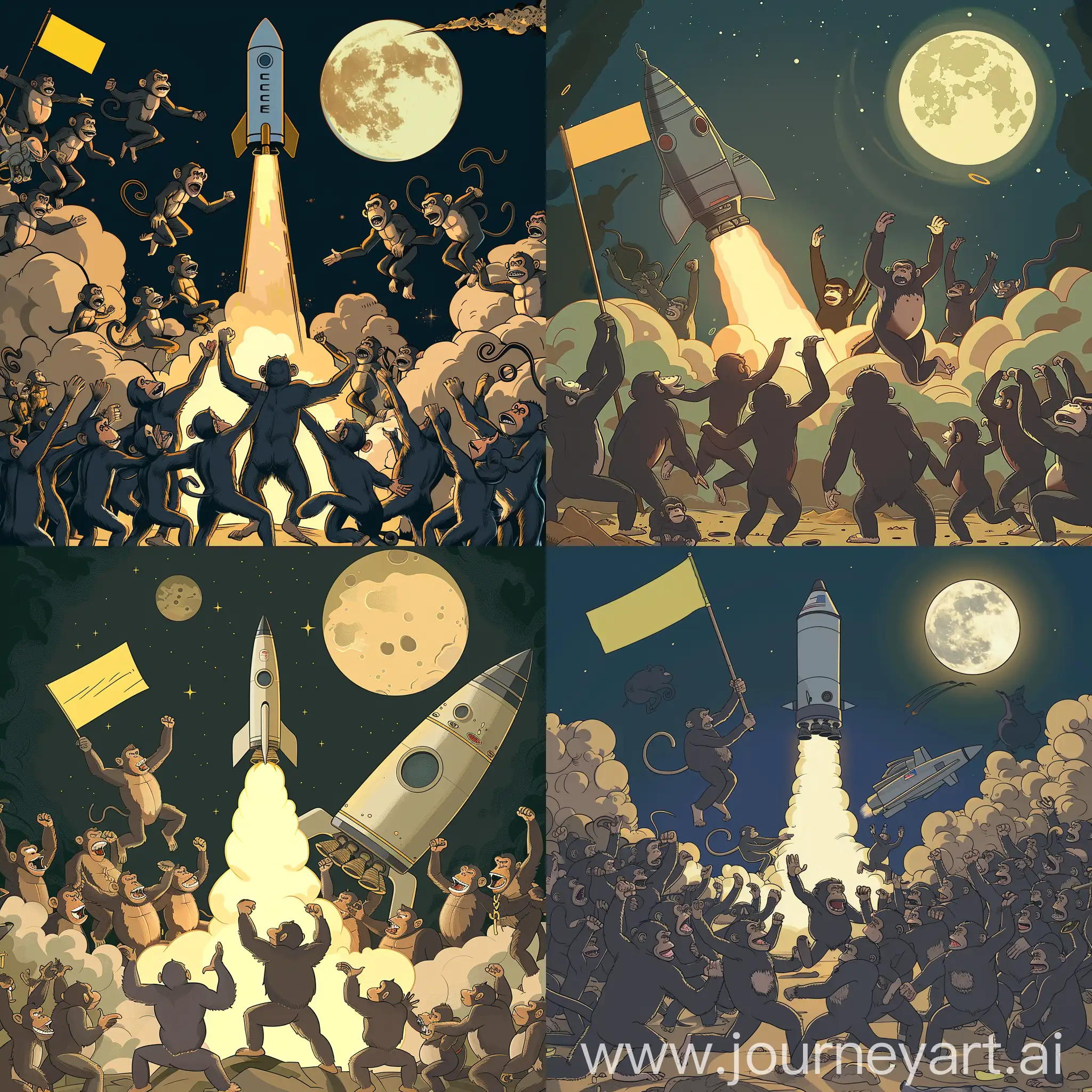 cartoon of hundreds of apes gathered around a launching spaceship, jumping around and celebrating, a couple of them are holding up a blank yellow flag, the rocket ship is in the background taking with exhaust fumes, full moon, exciting atmosphere