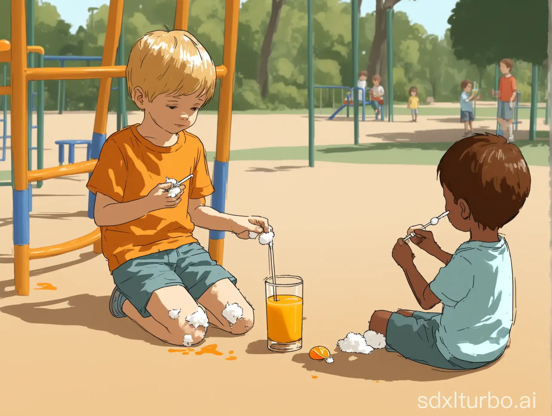Draw a picture of a little boy on the playground, with iodine in his left hand and a cotton swab in his right, treating a scrape on his knee, and a little girl nearby with a glass of orange juice looking at him concernedly, in a two-dimensional animation style.
