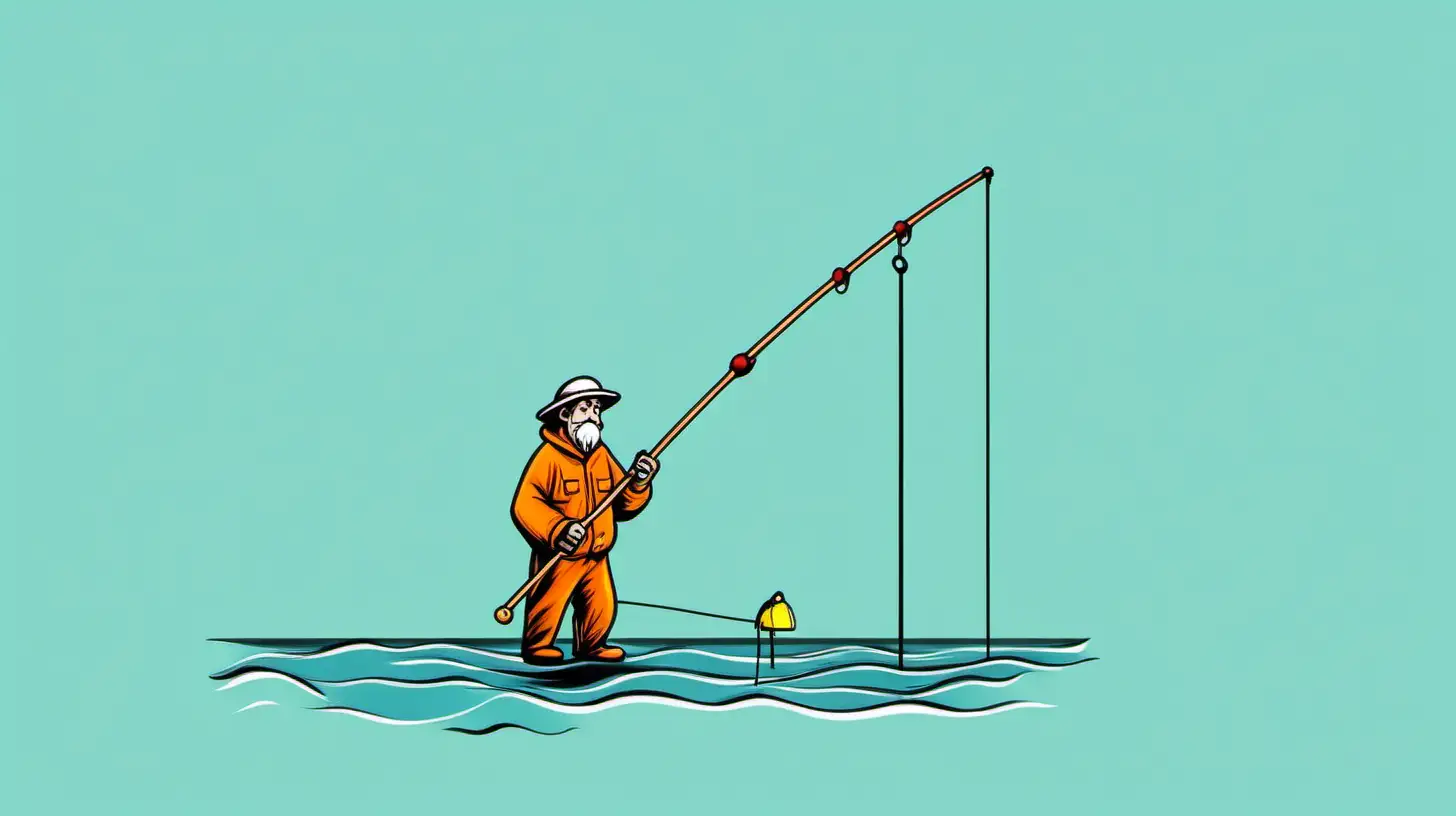 Colorful Cartoon Fisherman with Extended Pole