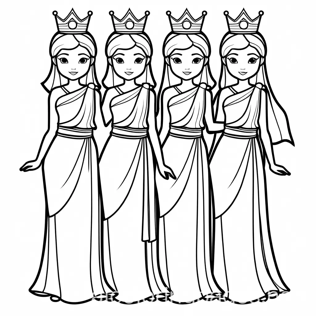 3 princesses with crowns wearing toga full body, Coloring Page, black and white, line art, white background, Simplicity, Ample White Space. The background of the coloring page is plain white to make it easy for young children to color within the lines. The outlines of all the subjects are easy to distinguish, making it simple for kids to color without too much difficulty