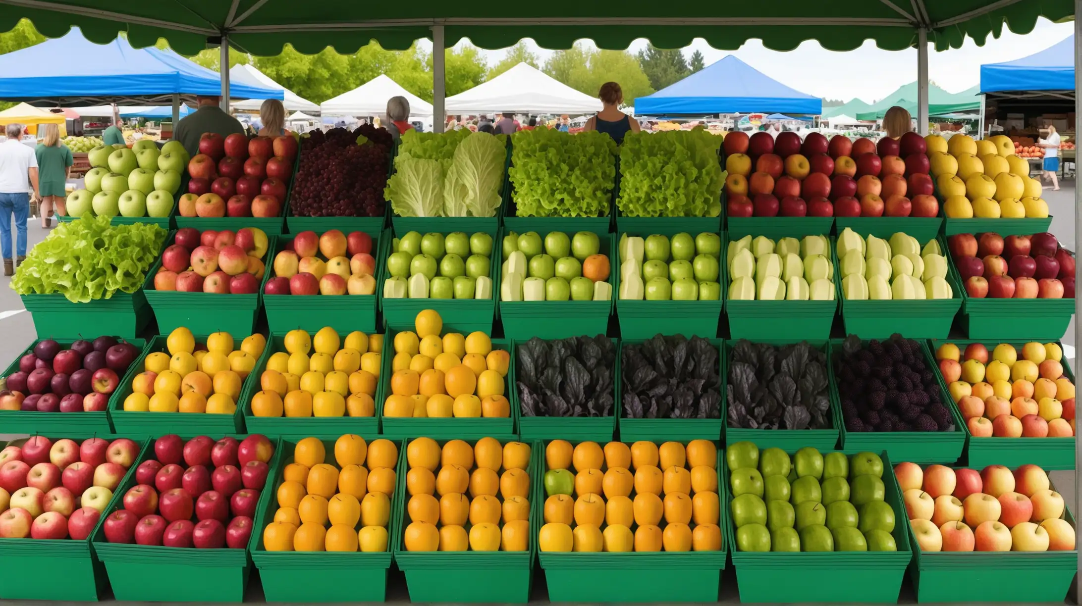 Fruit stand, farmers market, straight on shot of fruit selection, apples lettuce